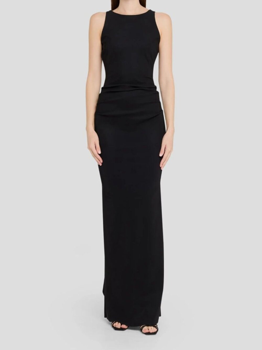 Chiara Boni Women's Black Eman Sleeveless Draped Column Gown Dress Size 46